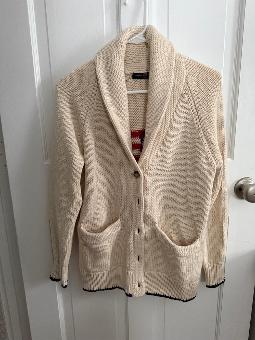 Vineyard Vines Cream Shawl Collar Button Cardigan with Black Trim